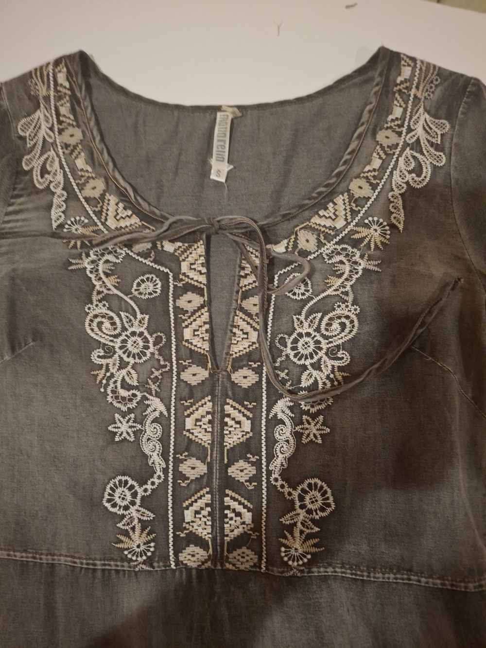 Embroidered Boho Slate Gray Peasant Dress - Picture 4 of 16
